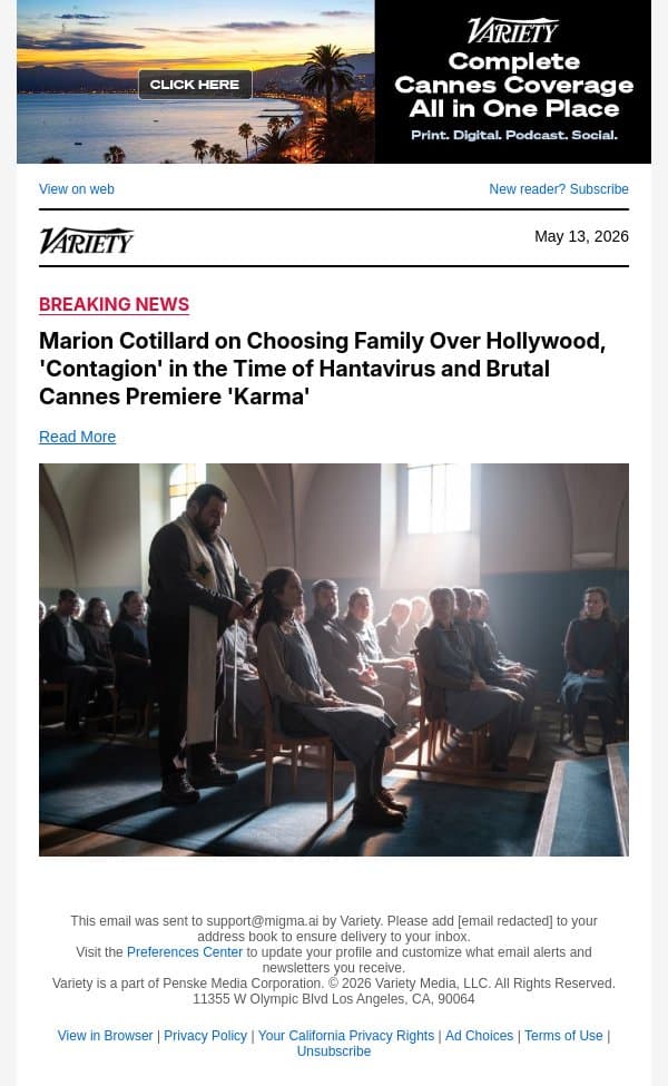 Marion Cotillard on Choosing Family Over Hollywood, 'Contagion' in the Time of Hantavirus and Brutal Cannes Premiere 'Karma' email from Variety screenshot