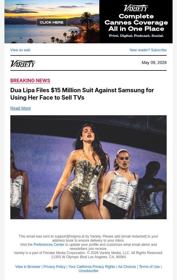 Dua Lipa Files $15 Million Suit Against Samsung for Using Her Face to Sell TVs email from Variety screenshot