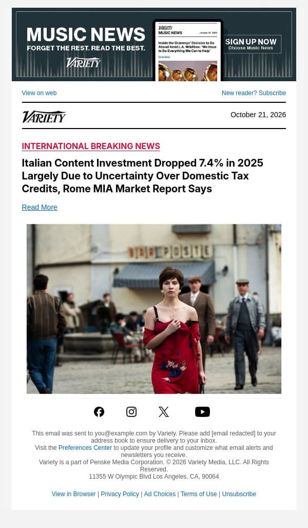 Italian Content Investment Dropped 7.4% in 2025 Largely Due to Uncertainty Over Domestic Tax Credits, Rome MIA Market Report Says email from Variety screenshot
