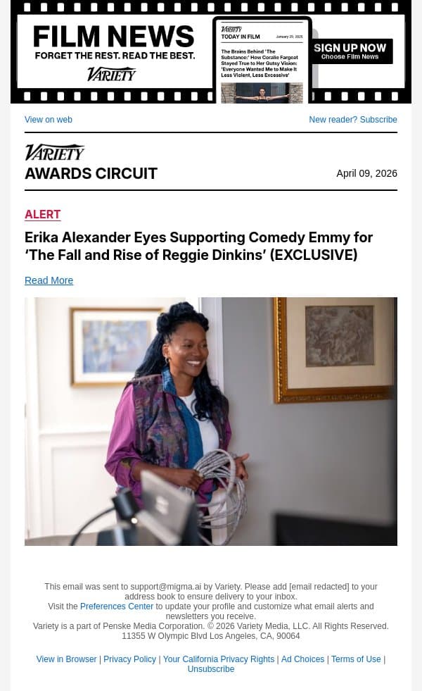 Erika Alexander Eyes Supporting Comedy Emmy for ‘The Fall and Rise of Reggie Dinkins’ (EXCLUSIVE) email from Variety screenshot