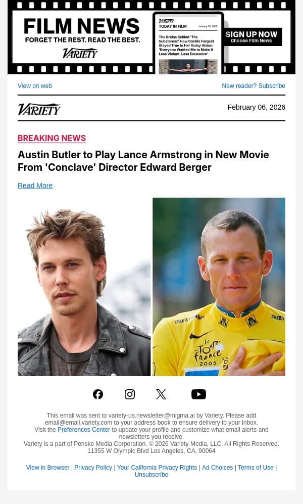 Austin Butler to Play Lance Armstrong in New Movie From 'Conclave' Director Edward Berger email from Variety screenshot