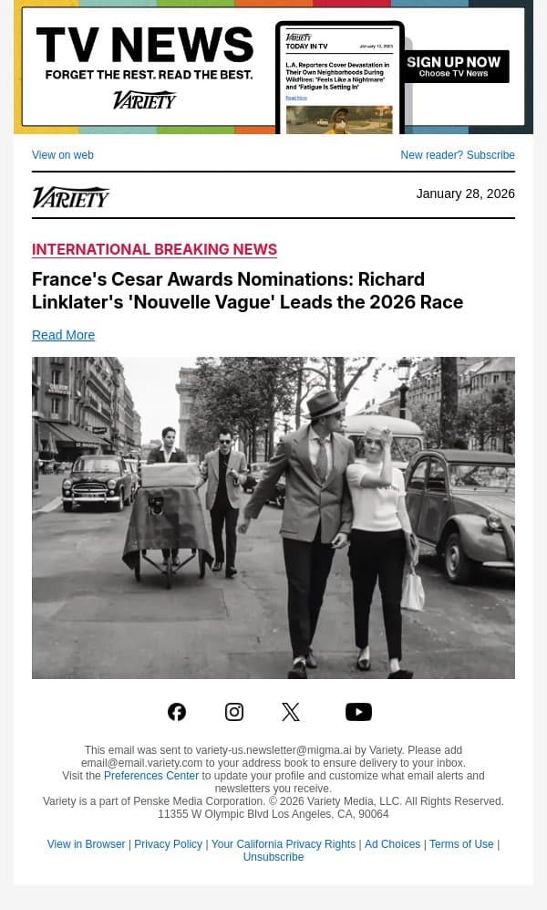 France's Cesar Awards Nominations: Richard Linklater's 'Nouvelle Vague' Leads the 2026 Race email from Variety screenshot