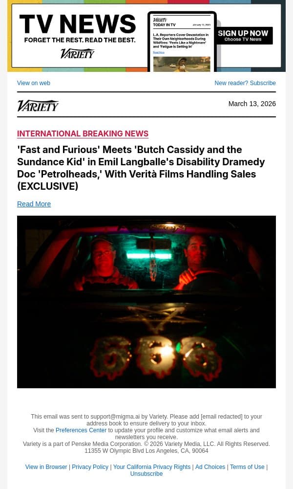 'Fast and Furious' Meets 'Butch Cassidy and the Sundance Kid' in Emil Langballe's Disability Dramedy Doc 'Petrolheads,' With Verità Films Handling Sales (EXCLUSIVE) email from Variety screenshot