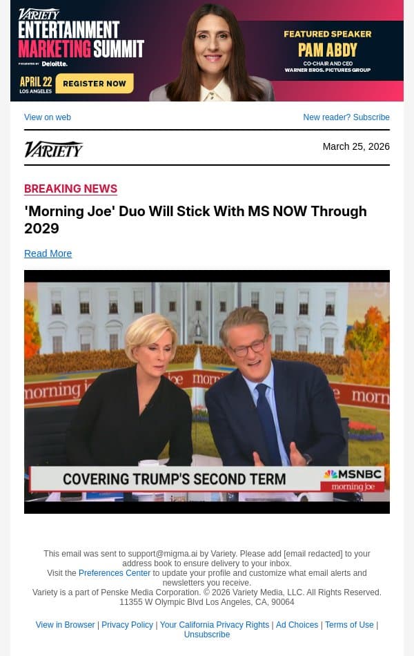 'Morning Joe' Duo Will Stick With MS NOW Through 2029 email from Variety screenshot