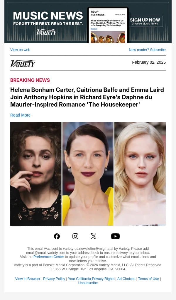 Helena Bonham Carter, Caitriona Balfe and Emma Laird Join Anthony Hopkins in Richard Eyre's Daphne du Maurier-Inspired Romance 'The Housekeeper' email from Variety screenshot