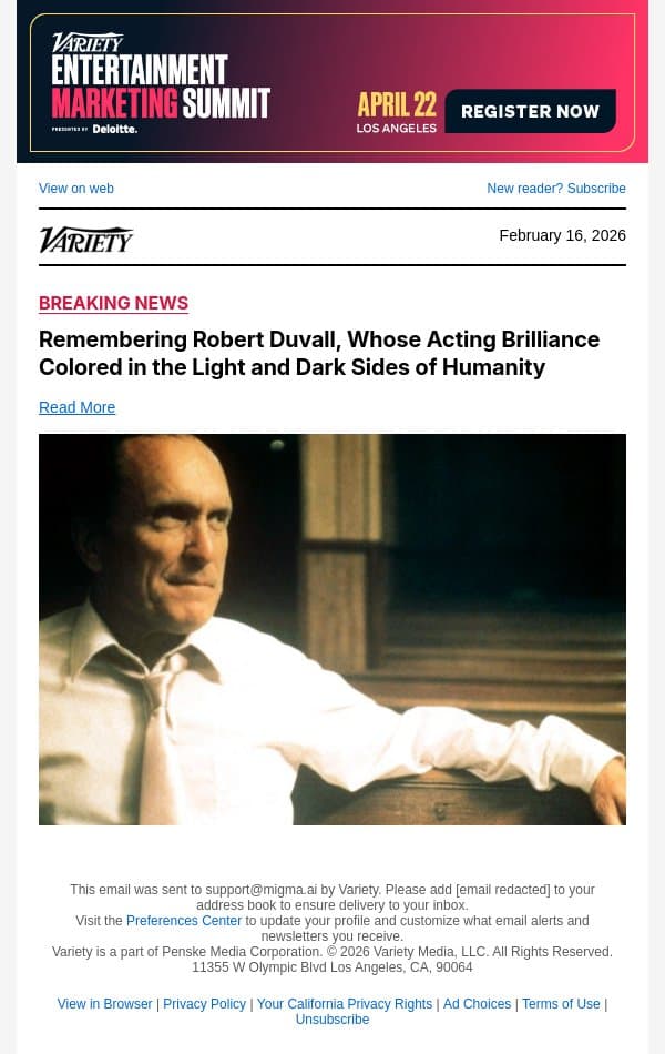 Remembering Robert Duvall, Whose Acting Brilliance Colored in the Light and Dark Sides of Humanity email from Variety screenshot