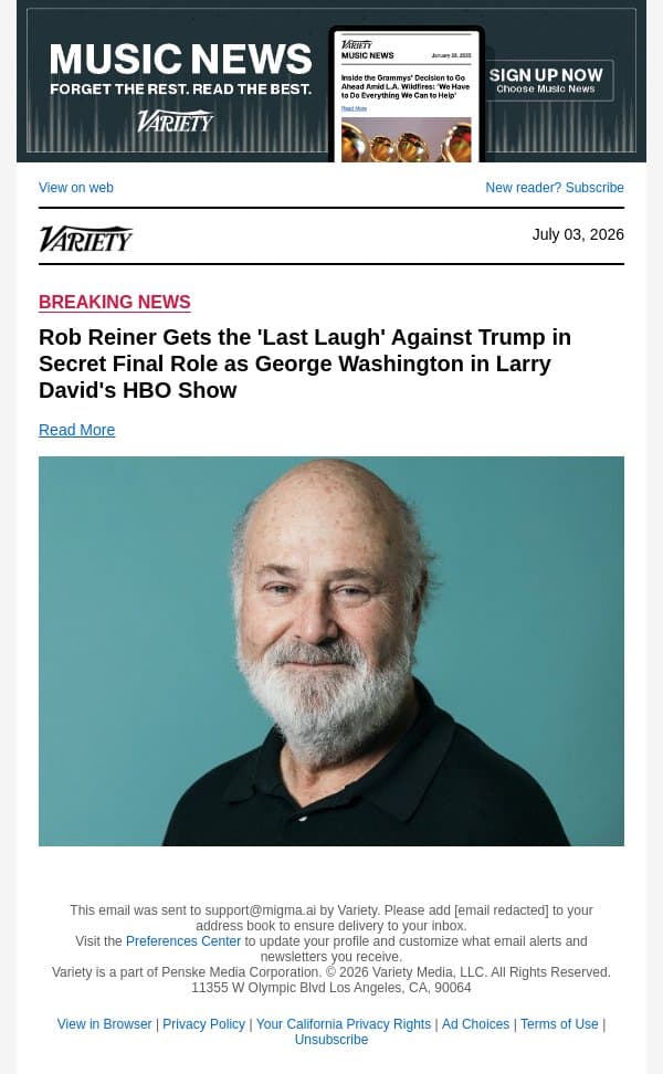 Rob Reiner Gets the 'Last Laugh' Against Trump in Secret Final Role as George Washington in Larry David's HBO Show email from Variety screenshot