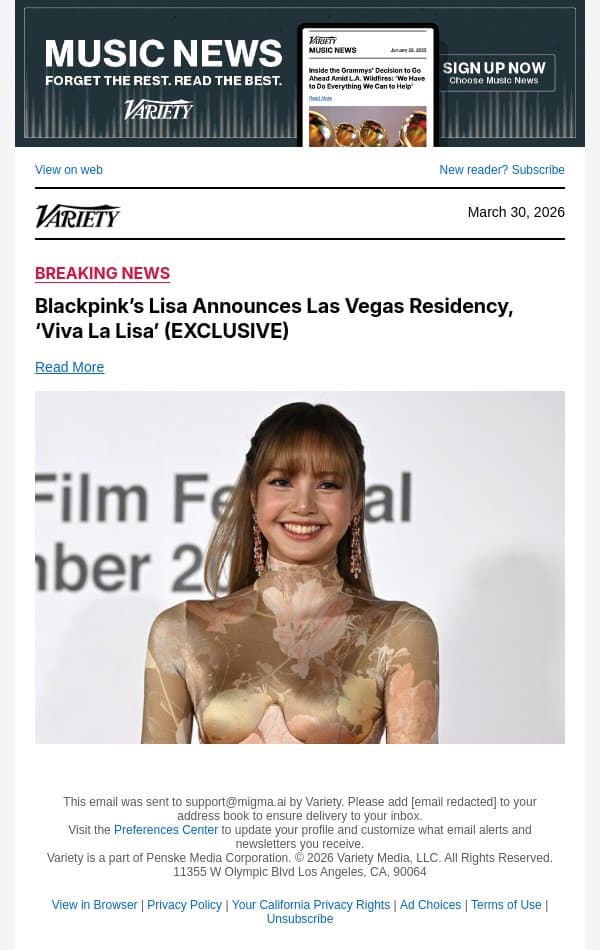 Blackpink’s Lisa Announces Las Vegas Residency, ‘Viva La Lisa’ (EXCLUSIVE) email from Variety screenshot