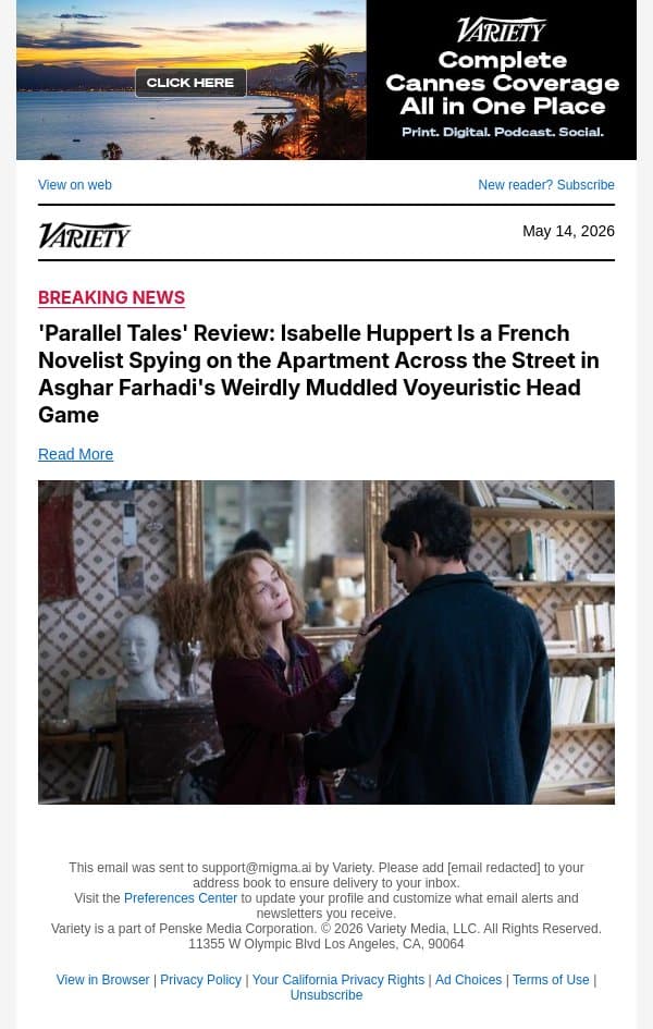 'Parallel Tales' Review: Isabelle Huppert Is a French Novelist Spying on the Apartment Across the Street in Asghar Farhadi's Weirdly Muddled Voyeuristic Head Game email from Variety screenshot