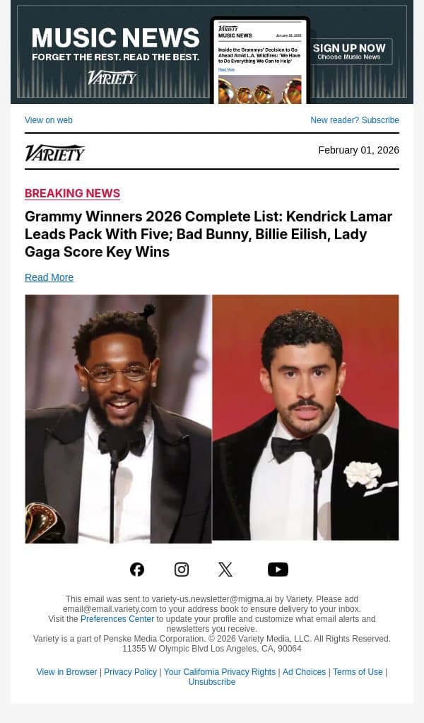 Grammy Winners 2026 Complete List: Kendrick Lamar Leads Pack With Five; Bad Bunny, Billie Eilish, Lady Gaga Score Key Wins email from Variety screenshot