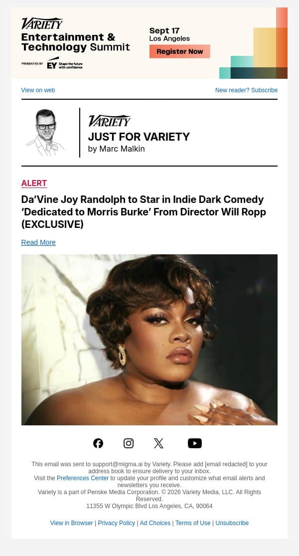 Da’Vine Joy Randolph to Star in Indie Dark Comedy ‘Dedicated to Morris Burke’ From Director Will Ropp (EXCLUSIVE) email from Variety screenshot