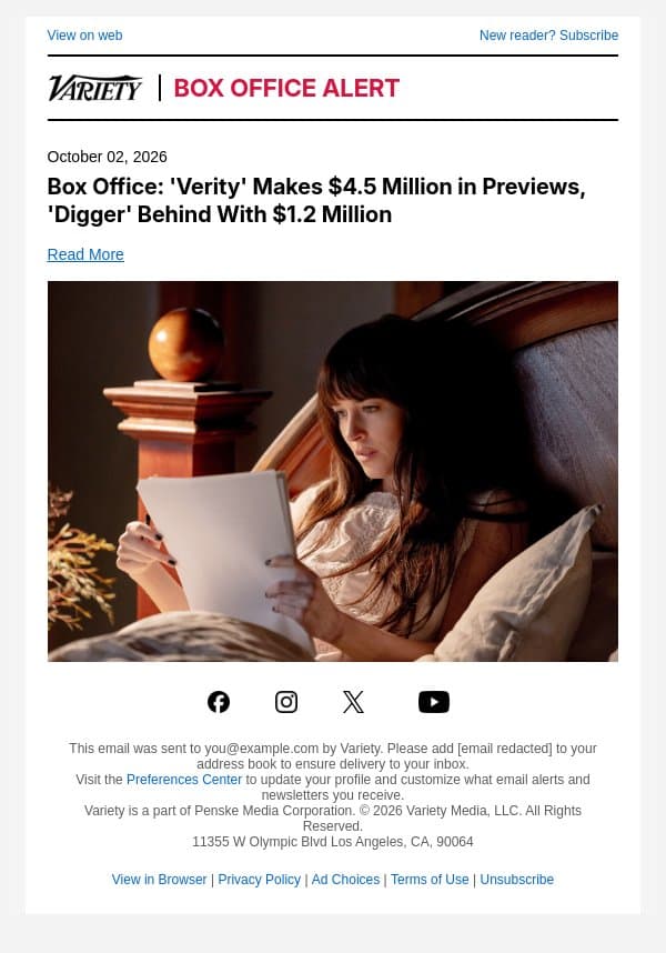 Box Office: 'Verity' Makes $4.5 Million in Previews, 'Digger' Behind With $1.2 Million email from Variety screenshot