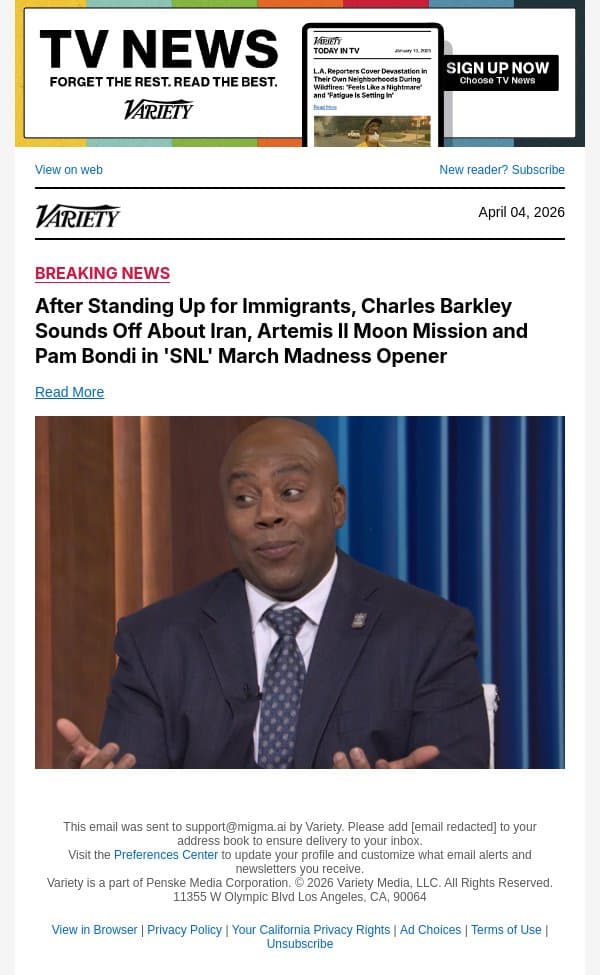 After Standing Up for Immigrants, Charles Barkley Sounds Off About Iran, Artemis II Moon Mission and Pam Bondi in 'SNL' March Madness Opener email from Variety screenshot