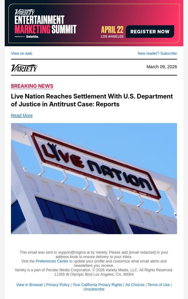 Live Nation Reaches Settlement With U.S. Department of Justice in Antitrust Case: Reports email from Variety screenshot