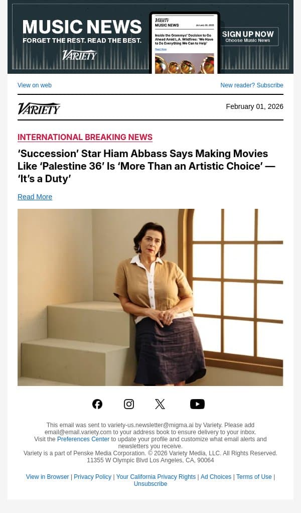‘Succession’ Star Hiam Abbass Says Making Movies Like ‘Palestine 36’ Is ‘More Than an Artistic Choice’ — ‘It’s a Duty’ email from Variety screenshot