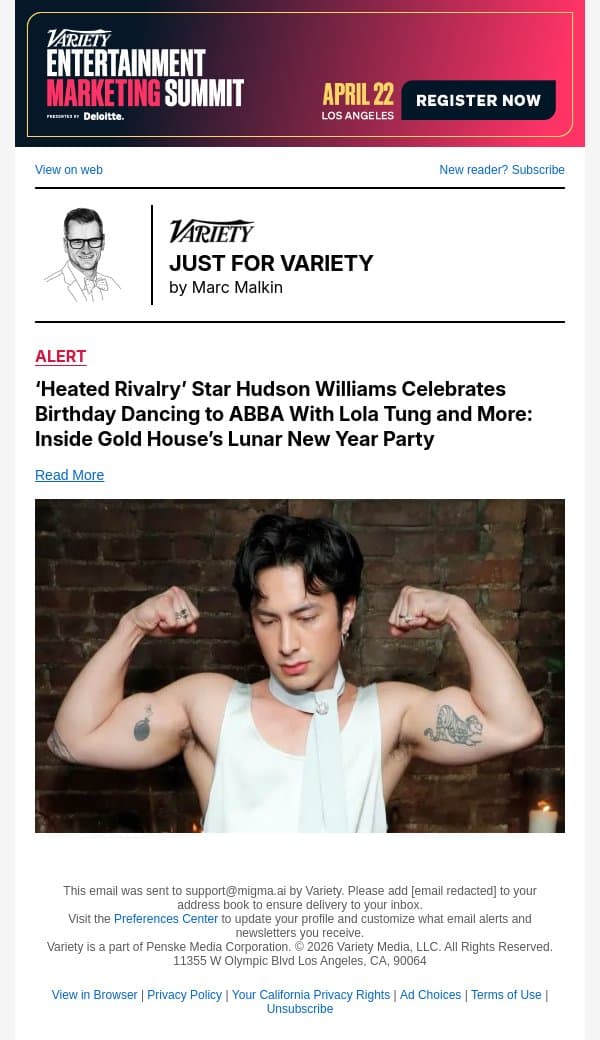‘Heated Rivalry’ Star Hudson Williams Celebrates Birthday Dancing to ABBA With Lola Tung and More: Inside Gold House’s Lunar New Year Party email from Variety screenshot