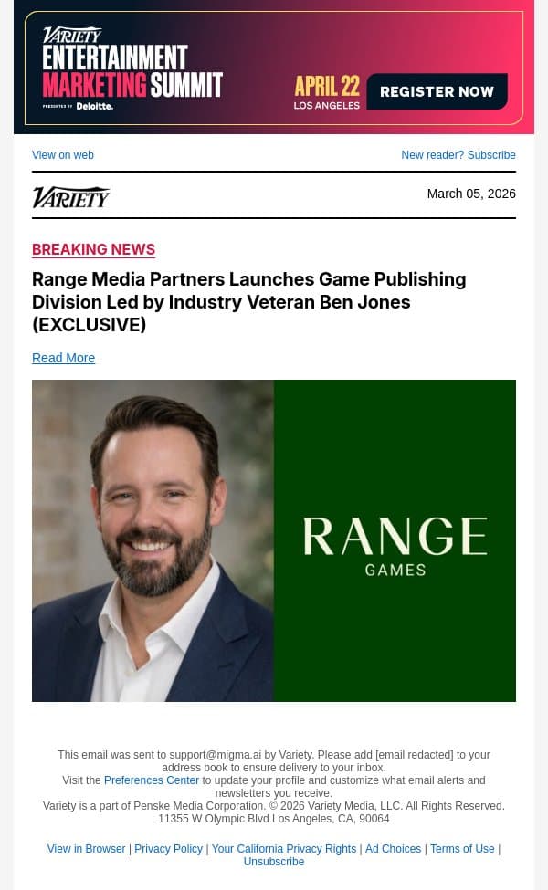 Range Media Partners Launches Game Publishing Division Led by Industry Veteran Ben Jones (EXCLUSIVE) email from Variety screenshot
