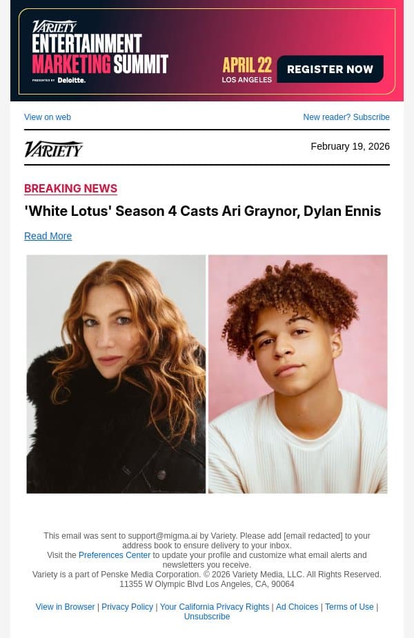 'White Lotus' Season 4 Casts Ari Graynor, Dylan Ennis email from Variety screenshot