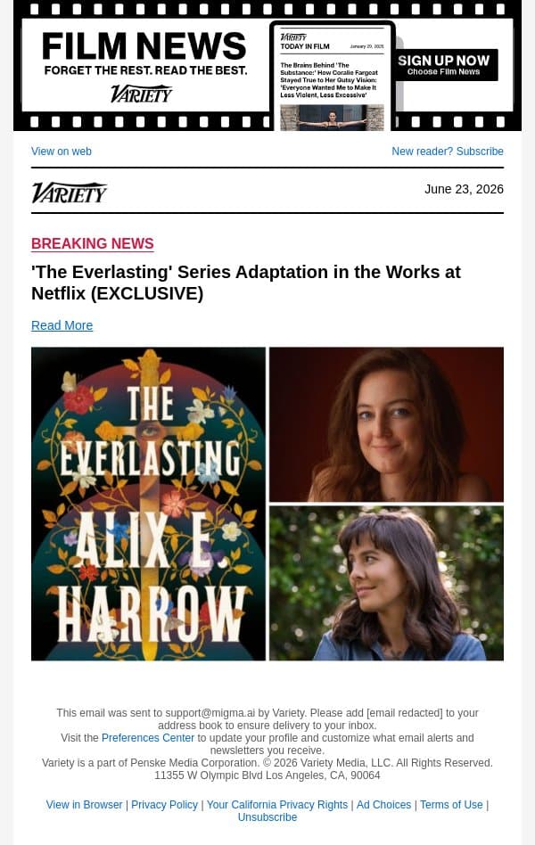 'The Everlasting' Series Adaptation in the Works at Netflix (EXCLUSIVE) email from Variety screenshot