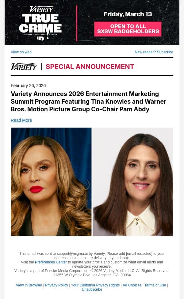 Variety Announces 2026 Entertainment Marketing Summit Program Featuring Tina Knowles and Warner Bros. Motion Picture Group Co-Chair Pam Abdy email from Variety screenshot