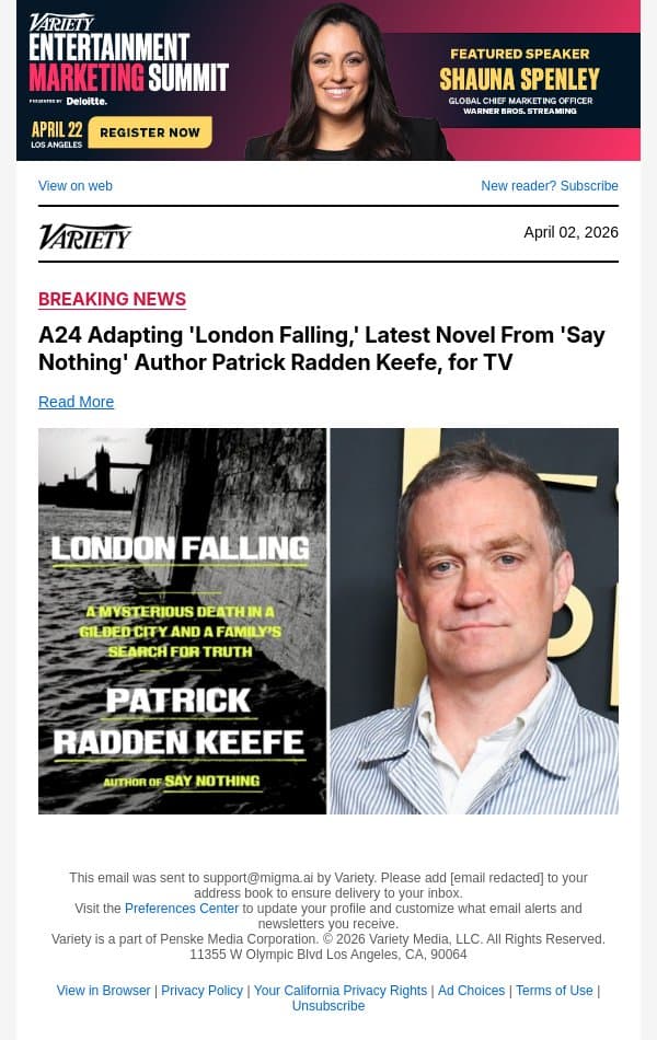 A24 Adapting 'London Falling,' Latest Novel From 'Say Nothing' Author Patrick Radden Keefe, for TV email from Variety screenshot