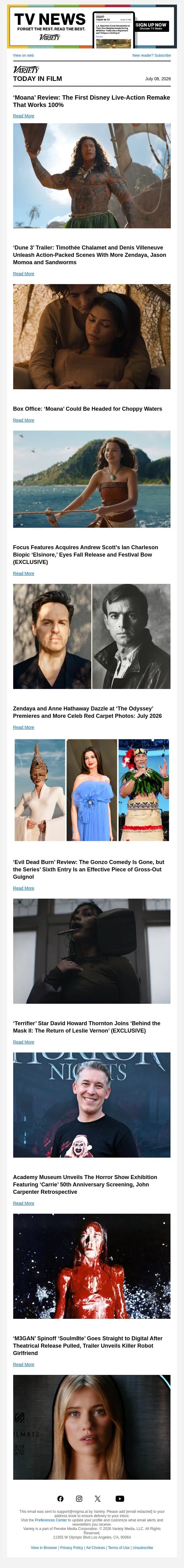 ‘Moana’ Review; ‘Dune 3’ Trailer; Box Office Preview email from Variety screenshot