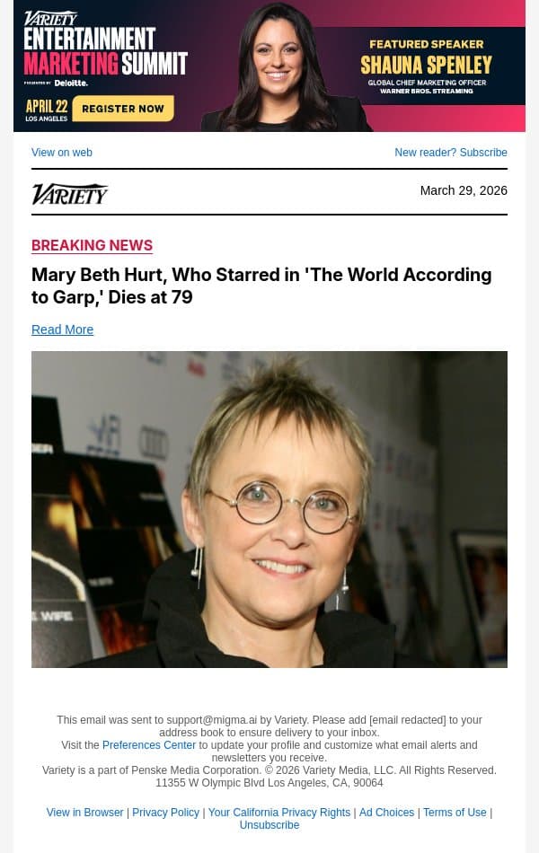 Mary Beth Hurt, Who Starred in 'The World According to Garp,' Dies at 79 email from Variety screenshot