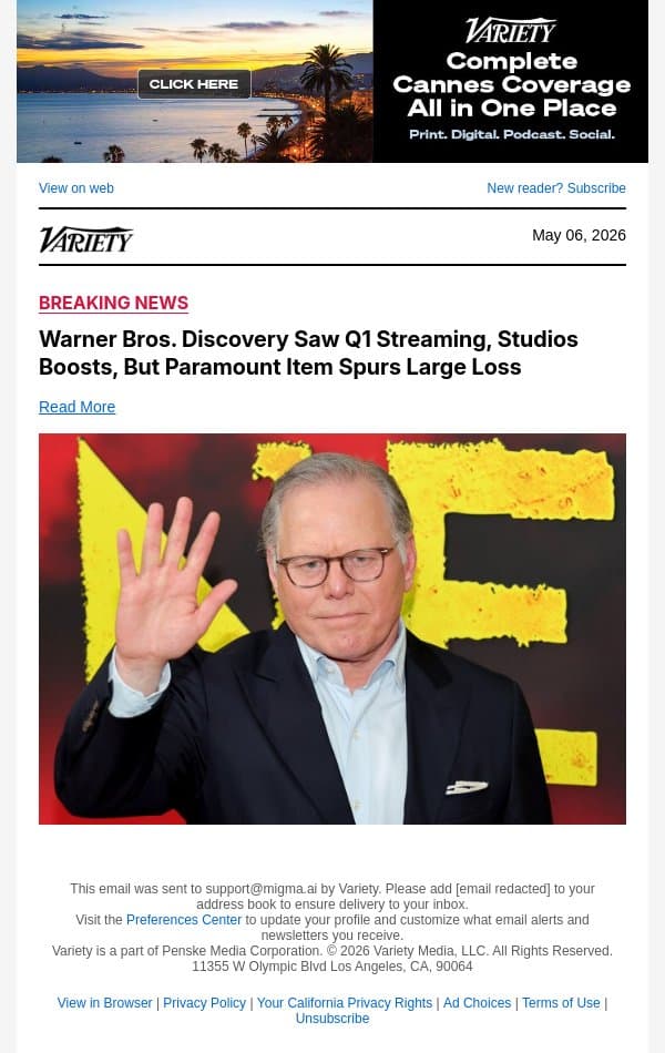 Warner Bros. Discovery Saw Q1 Streaming, Studios Boosts, But Paramount Item Spurs Large Loss email from Variety screenshot