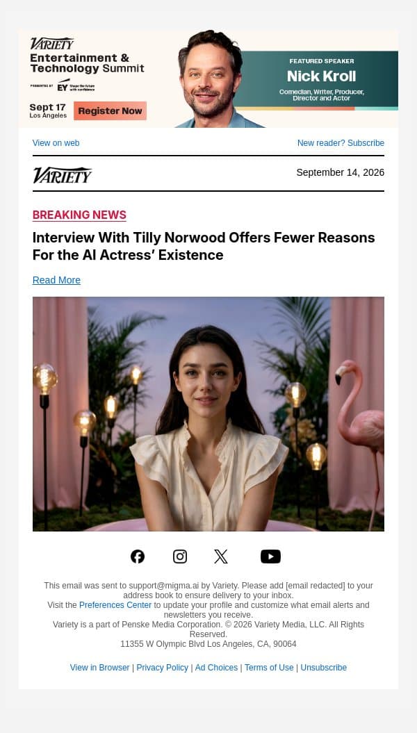 Interview With Tilly Norwood Offers Fewer Reasons For the AI Actress’ Existence email from Variety screenshot
