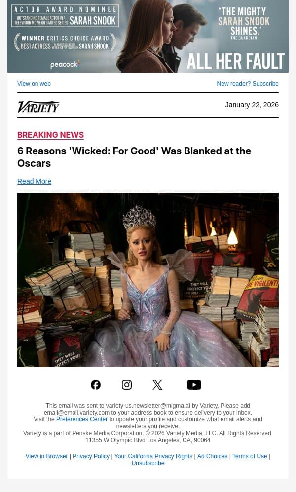 6 Reasons 'Wicked: For Good' Was Blanked at the Oscars email from Variety screenshot