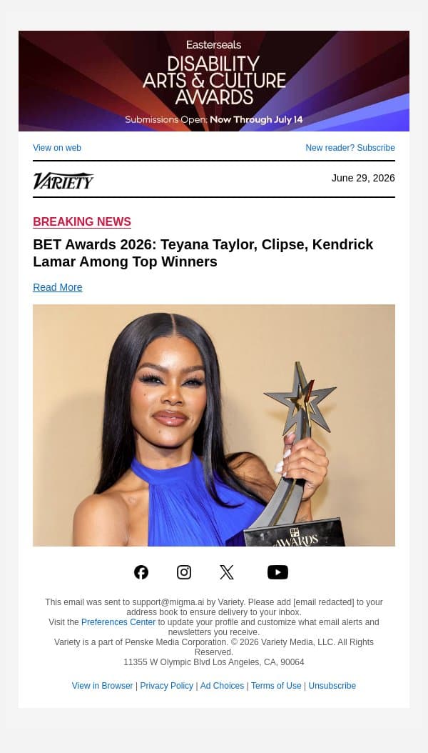 BET Awards 2026: Teyana Taylor, Clipse, Kendrick Lamar Among Top Winners email from Variety screenshot