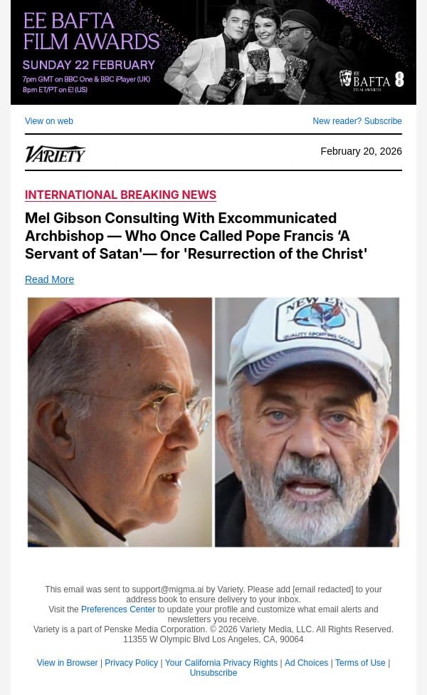Mel Gibson Consulting With Excommunicated Archbishop — Who Once Called Pope Francis ‘A Servant of Satan'— for 'Resurrection of the Christ' email from Variety screenshot