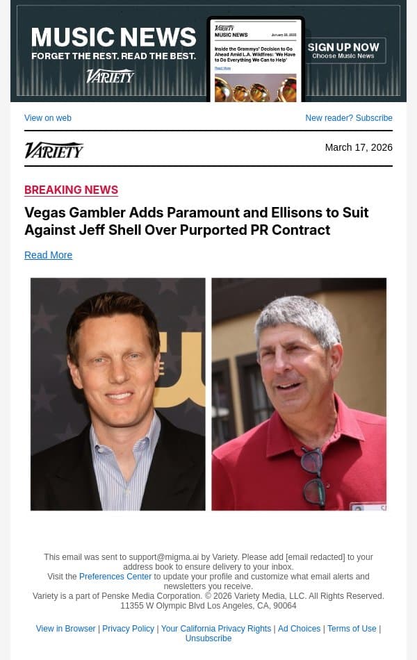 Vegas Gambler Adds Paramount and Ellisons to Suit Against Jeff Shell Over Purported PR Contract email from Variety screenshot