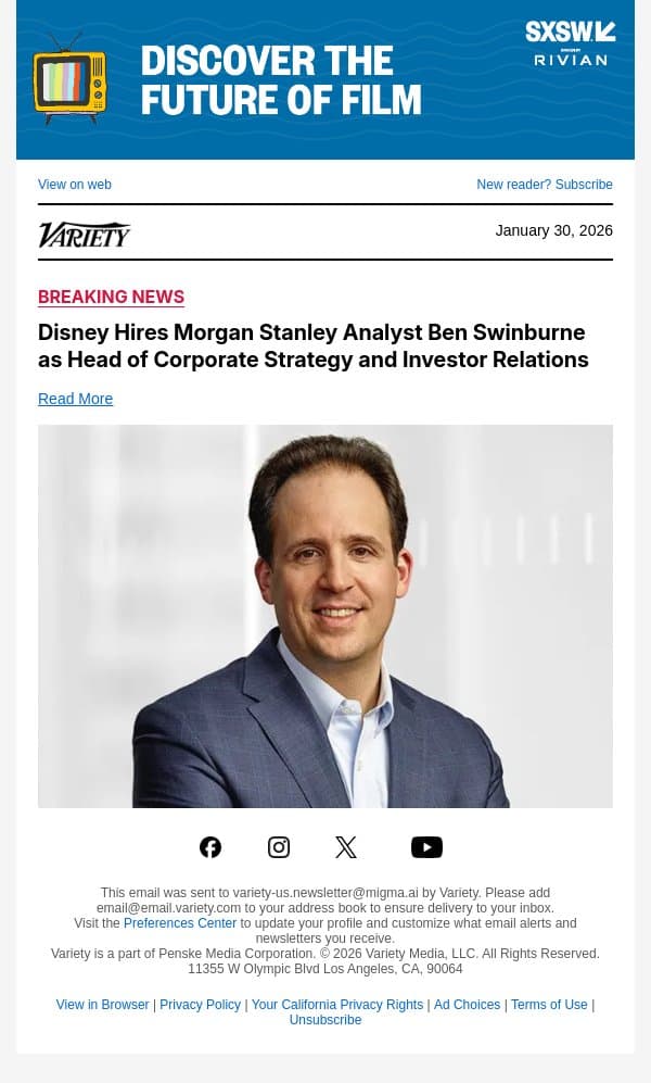 Disney Hires Morgan Stanley Analyst Ben Swinburne as Head of Corporate Strategy and Investor Relations email from Variety screenshot