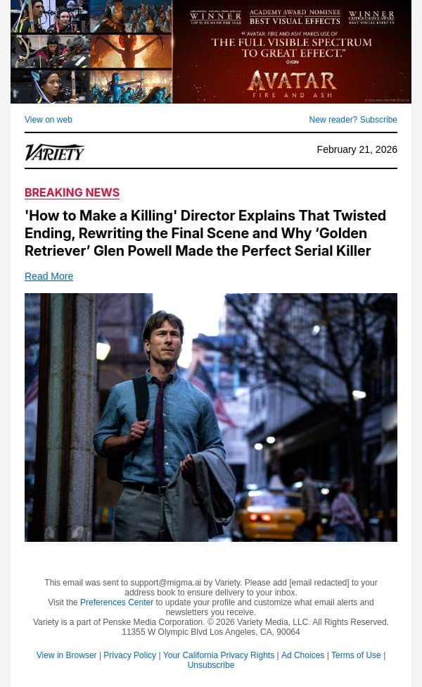 'How to Make a Killing' Director Explains That Twisted Ending, Rewriting the Final Scene and Why ‘Golden Retriever’ Glen Powell Made the Perfect Serial Killer email from Variety screenshot
