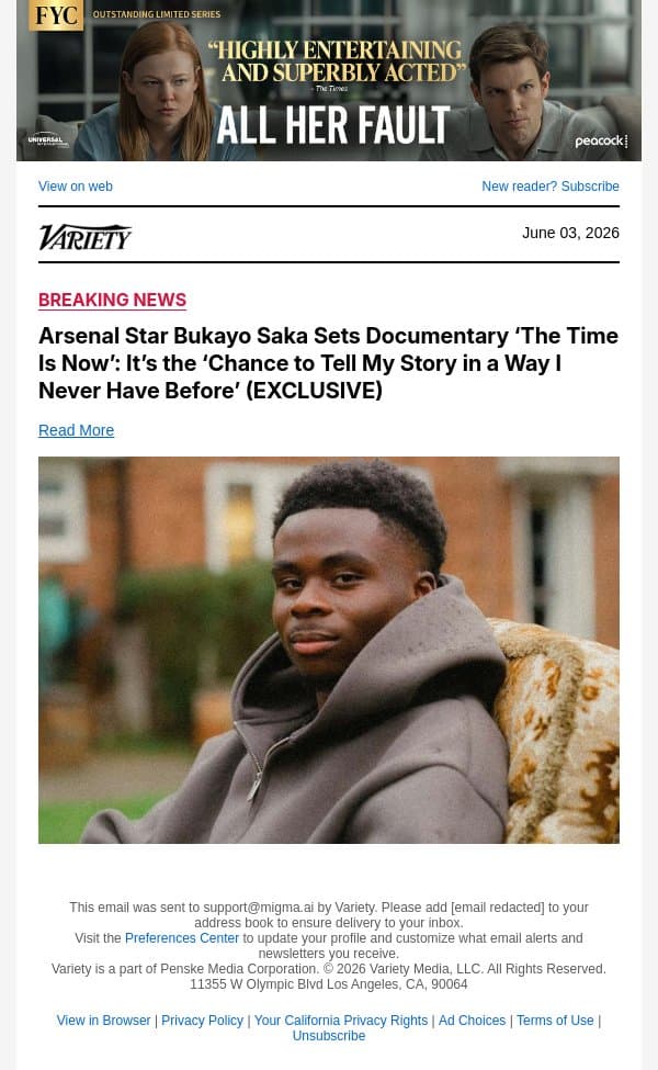 Arsenal Star Bukayo Saka Sets Documentary ‘The Time Is Now’: It’s the ‘Chance to Tell My Story in a Way I Never Have Before’ (EXCLUSIVE) email from Variety screenshot