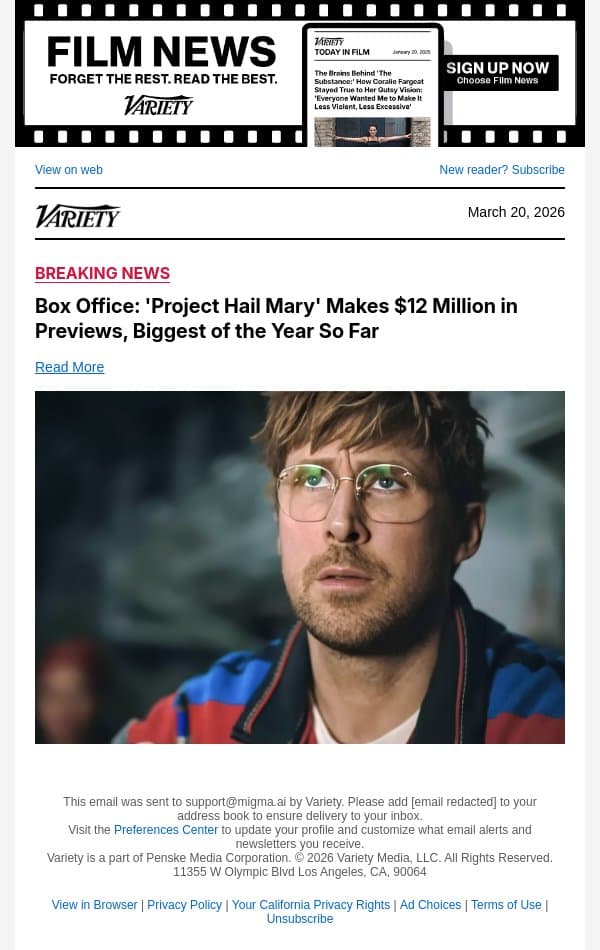 Box Office: 'Project Hail Mary' Makes $12 Million in Previews, Biggest of the Year So Far email from Variety screenshot