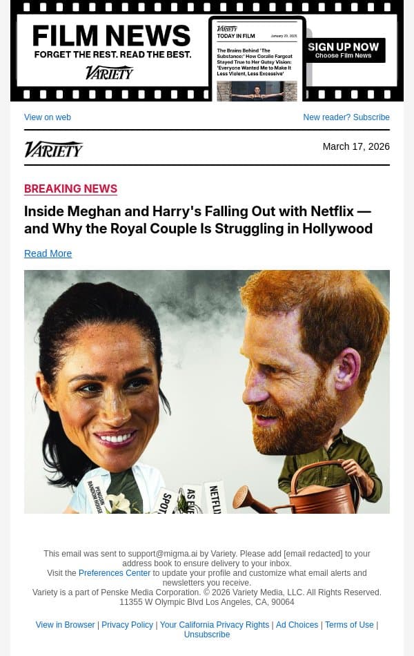 Inside Meghan and Harry's Falling Out with Netflix — and Why the Royal Couple Is Struggling in Hollywood email from Variety screenshot
