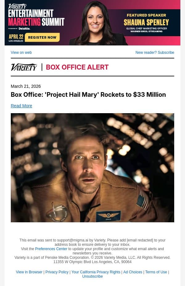 Box Office: 'Project Hail Mary' Rockets to $33 Million email from Variety screenshot