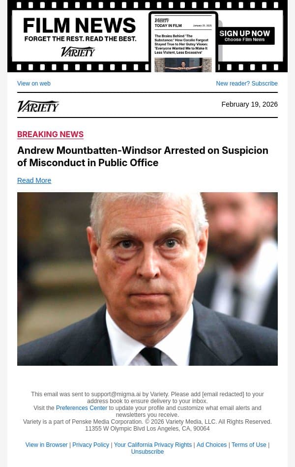 Andrew Mountbatten-Windsor Arrested on Suspicion of Misconduct in Public Office email from Variety screenshot