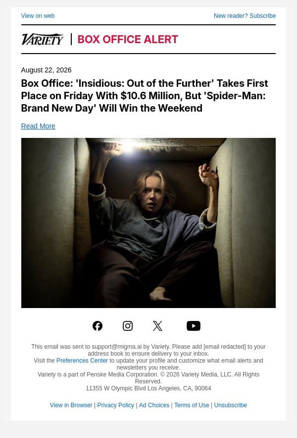 Box Office: 'Insidious: Out of the Further' Takes First Place on Friday With $10.6 Million, But 'Spider-Man: Brand New Day' Will Win the Weekend email from Variety screenshot