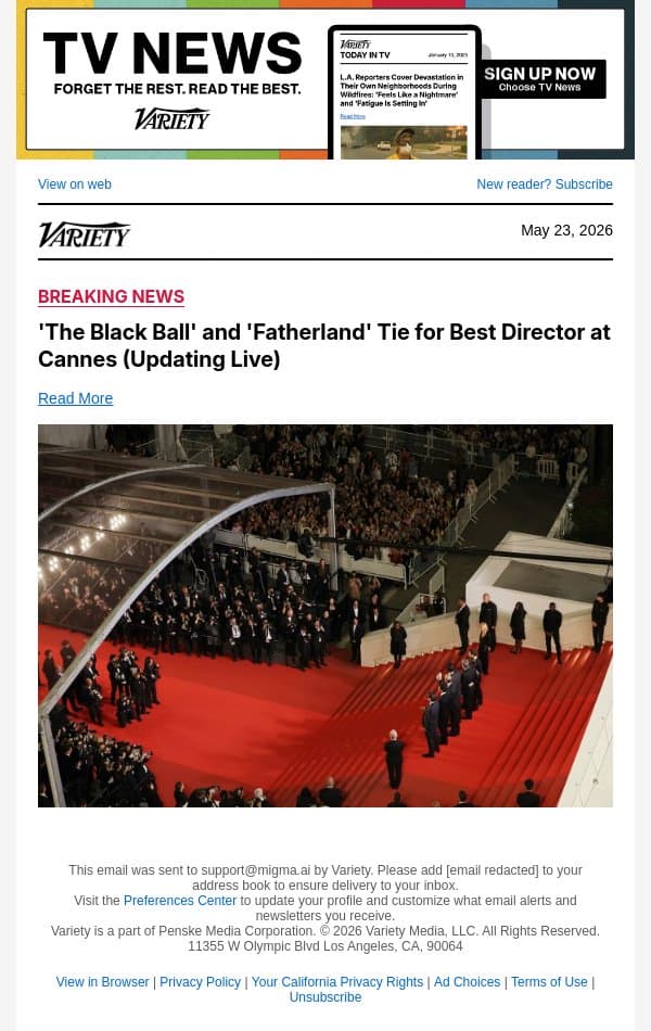 'The Black Ball' and 'Fatherland' Tie for Best Director at Cannes (Updating Live) email from Variety screenshot