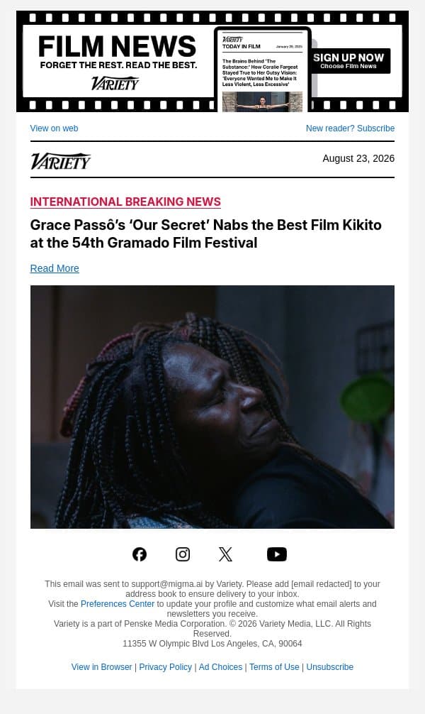 Grace Passô’s ‘Our Secret’ Nabs the Best Film Kikito at the 54th Gramado Film Festival email from Variety screenshot