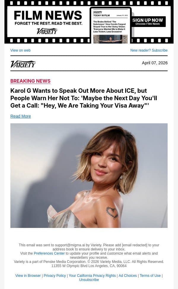 Karol G Wants to Speak Out More About ICE, but People Warn Her Not To: 'Maybe the Next Day You'll Get a Call: "Hey, We Are Taking Your Visa Away"' email from Variety screenshot