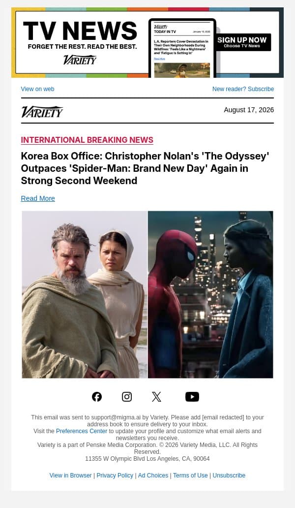 Korea Box Office: Christopher Nolan's 'The Odyssey' Outpaces 'Spider-Man: Brand New Day' Again in Strong Second Weekend email from Variety screenshot