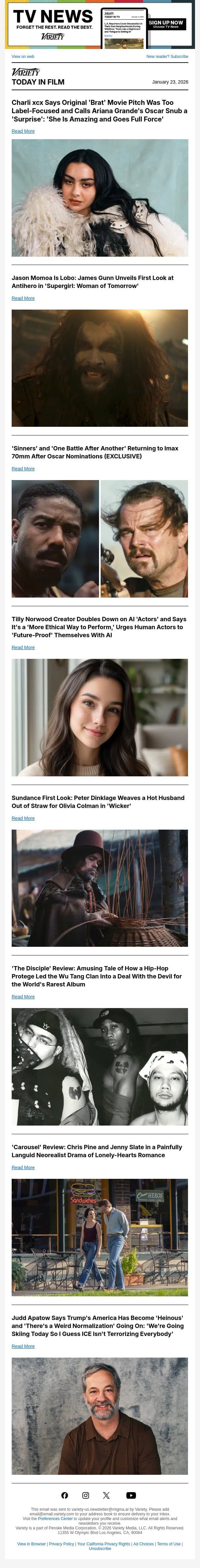 Charli xcx on 'Brat' Movie; First Look at Jason Momoa's Lobo in 'Supergirl: Woman of Tomorrow'; 'Sinners,' 'OBAA' Returning to Imax 70mm email from Variety screenshot