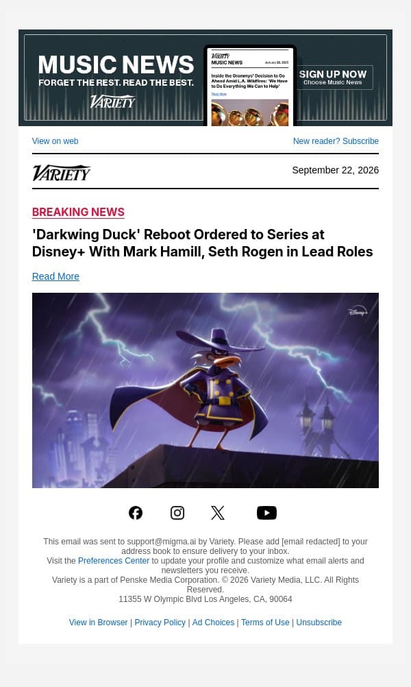 'Darkwing Duck' Reboot Ordered to Series at Disney+ With Mark Hamill, Seth Rogen in Lead Roles email from Variety screenshot