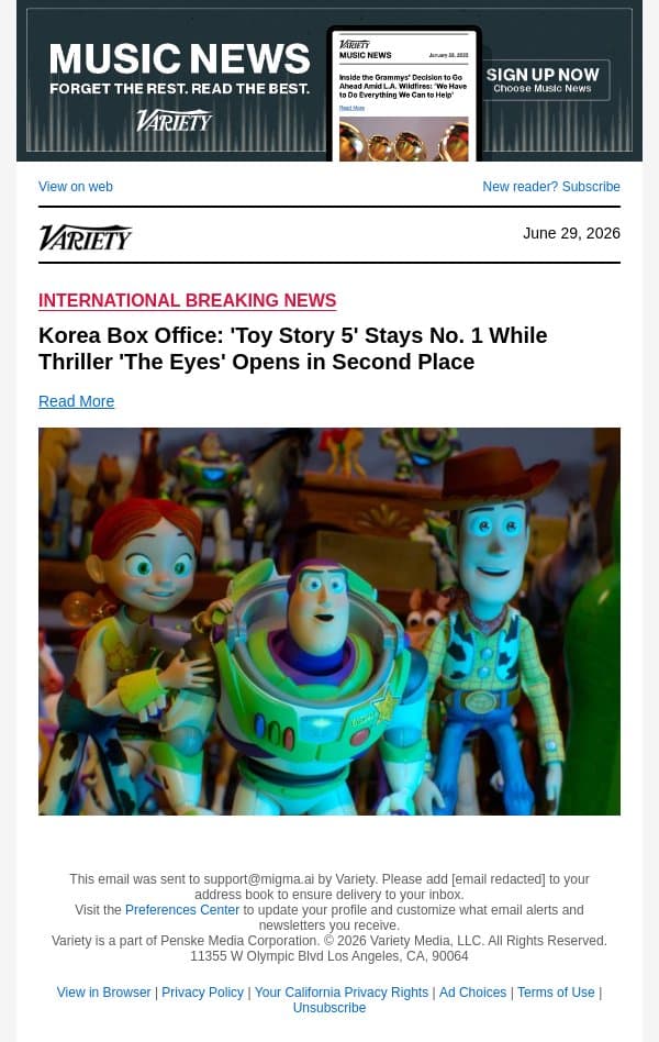 Korea Box Office: 'Toy Story 5' Stays No. 1 While Thriller 'The Eyes' Opens in Second Place email from Variety screenshot