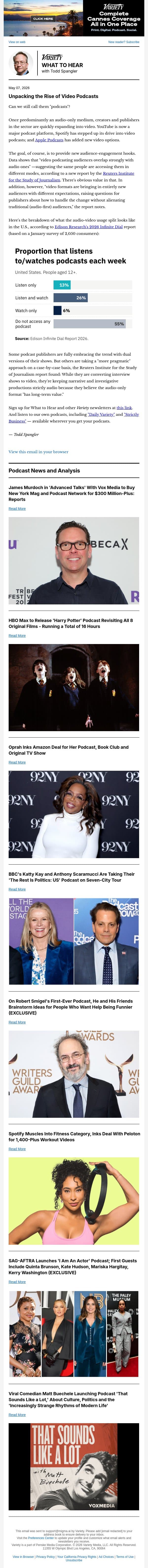 What to Hear Podcast Newsletter: How Video Podcasts Are Shifting Consumption; Will James Murdoch Buy Vox Media's Podcasts?; Oprah Takes Her Podcast to Amazon; 'Harry Potter' Movies Get Rewatch Show on HBO Max; and More email from Variety screenshot