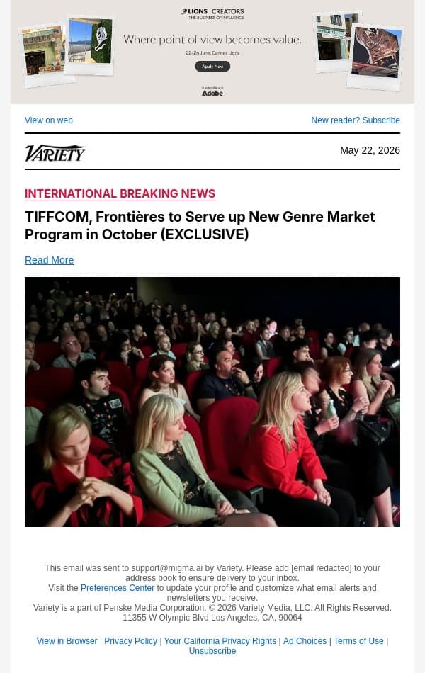 TIFFCOM, Frontières to Serve up New Genre Market Program in October (EXCLUSIVE) email from Variety screenshot